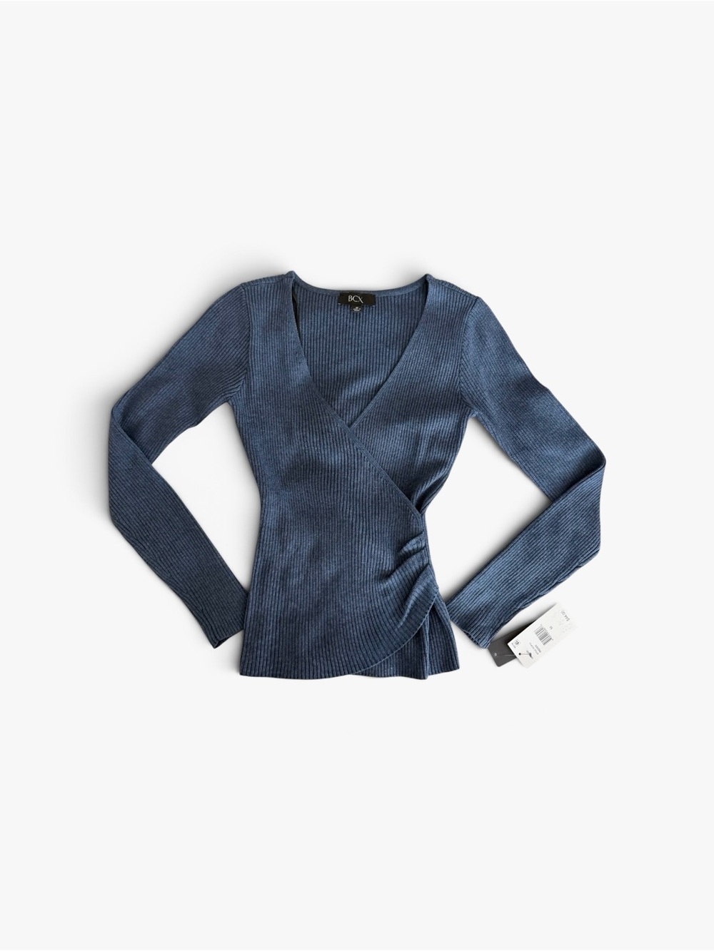 BCX Wrap-Style Ribbed Knit Top in Slate Blue Size M NWT